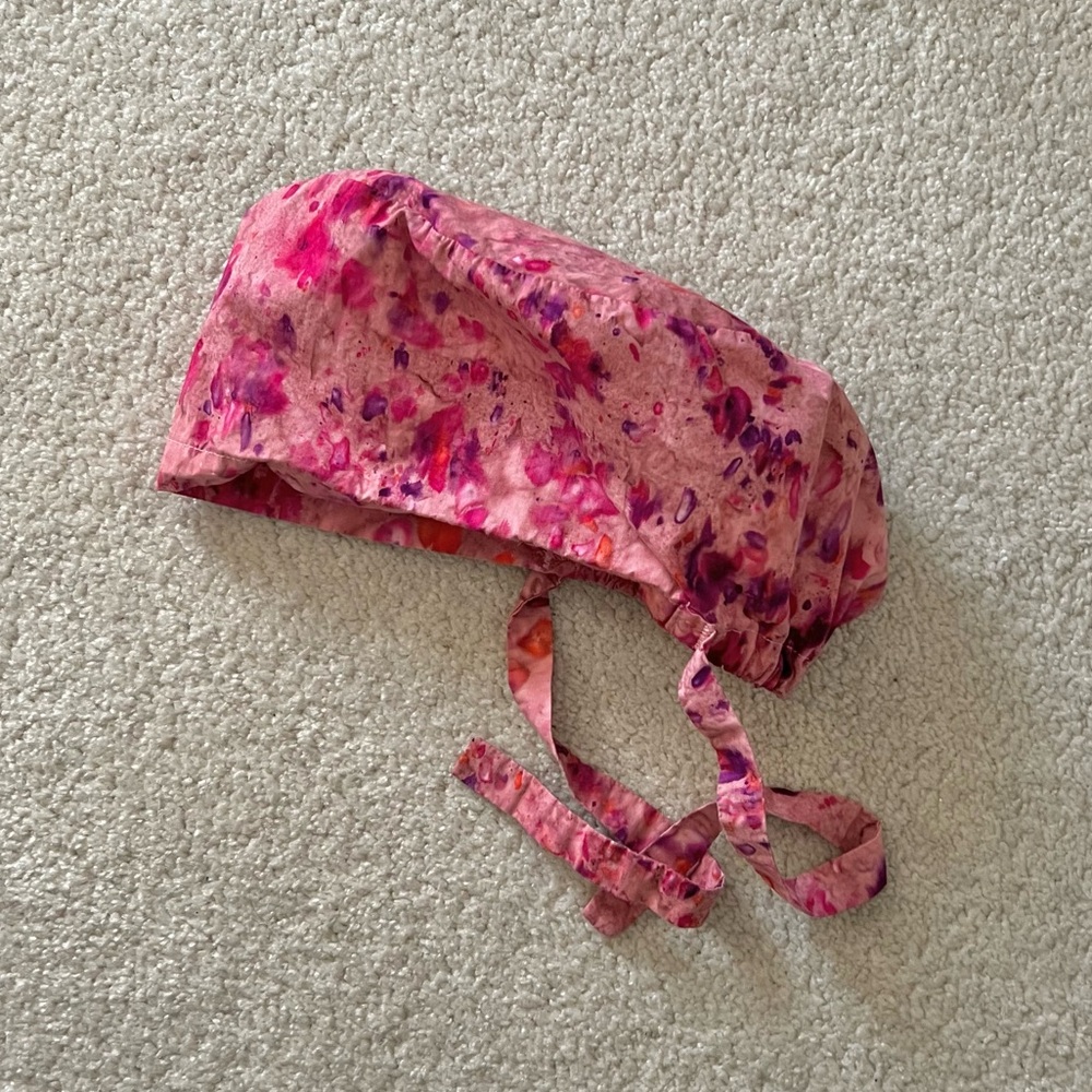 Surgical scrub cap with pink batik watercolor floral design